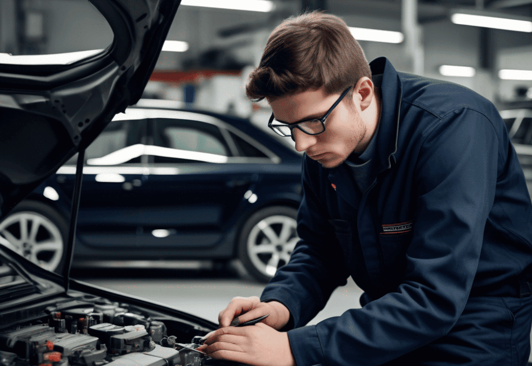 Ein Auszubildender zum Kfz-Mechatroniker in dunkelblauer Arbeitskleidung verwendet einen Diagnosetester neben einem modernen Fahrzeug in einer gut ausgestatteten Autowerkstatt in Mayen