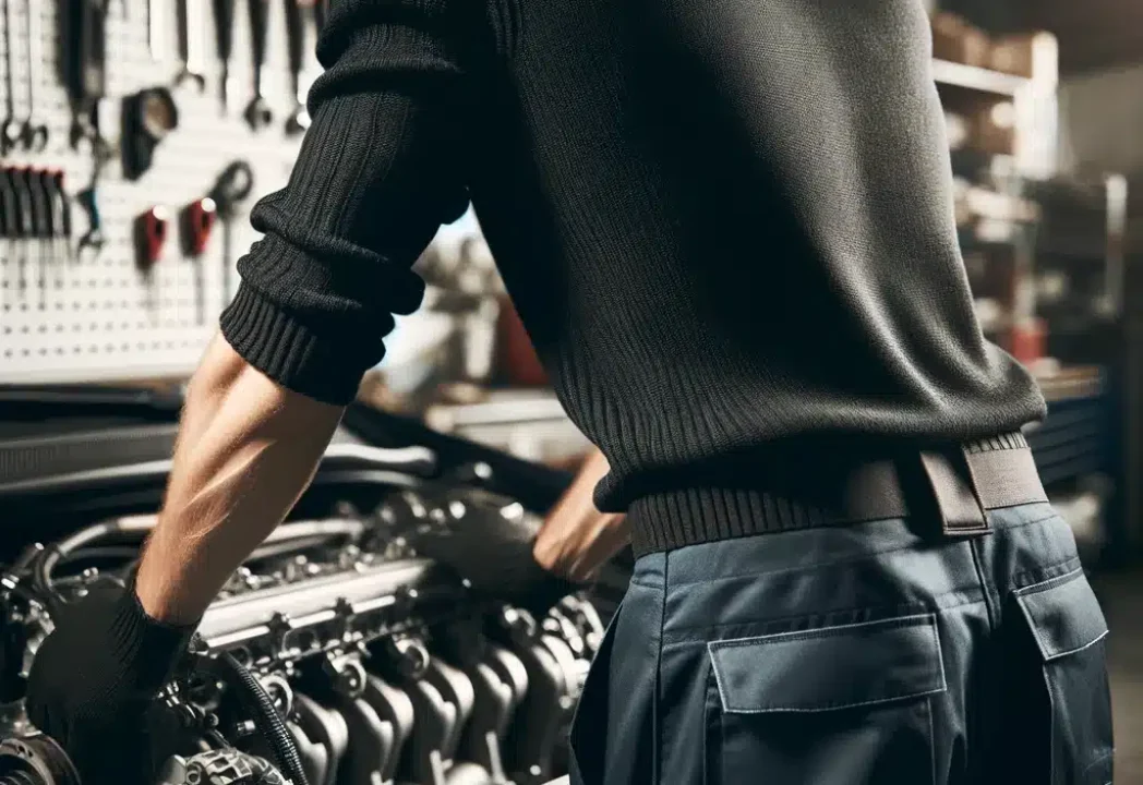 Kfz-Mechatroniker von hinten gesehen, arbeitet an einem Autonmotor in einer gut organisierten Werkstatt in Mayen, trägt schwarzen Pullover und dunkelblaue Hose.